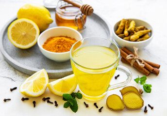 Energy tonic drink with turmeric, ginger, lemon and honey