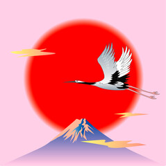 Fototapeta premium 鶴と初日と富士