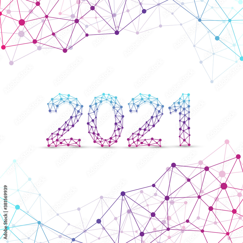 Poster text design christmas and happy new year 2021. graphic background communication 2021. connected line