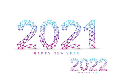 Text design Christmas and Happy new year 2021, 2022 . Graphic background communication 2021 and 2022. Connected lines with dots. Design element for presentations, flyers, posters, vector illustration.