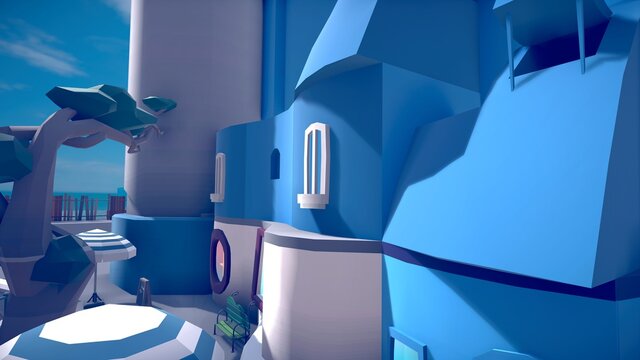 Stylized Low Poly Modern urban city buildings on the ocean coast