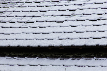 雪が積もって幾何学的な模様になった和風建築の屋根