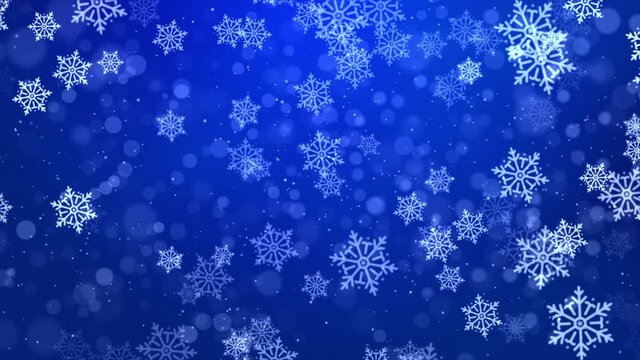 snowfall Blue white loop background christmas and new year greeting cards, and invitations, and winter holiday season. glittering particles snowflake falling dust shine lights. Celebration Greetings