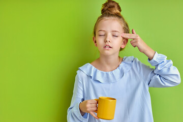 little kid girl is tired of school in the morning, she wants to shoot herself, want to sleep