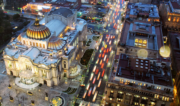 México Bellas Artes vista aérea nocturna