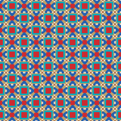 Obraz premium Vector seamless pattern texture background with geometric shapes, colored in brown, red, blue, white colors.