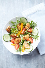 Healthy Salad with Chicken Breast, Cherry Tomatoes, Cucumber, Orange Pepper, Endive and Red Onion. Top view.	