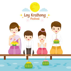 Loy Krathong Festival, Family in Traditional Thai Clothing, National Costume Sitting, Celebration and Culture of Thailand