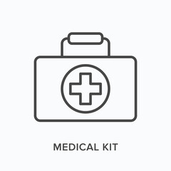 First aid kit flat line icon. Vector outline illustration of medical safety box, doctor briefcase. Emergency help bag thin linear pictogram