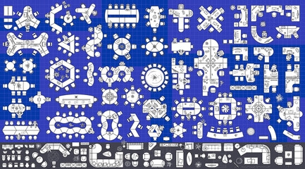 Set of modular office desks, interior layout of the cabinet. Floor plan, top view, collection of working tables, chairs, office furniture thin line icons for planning design project. Vector