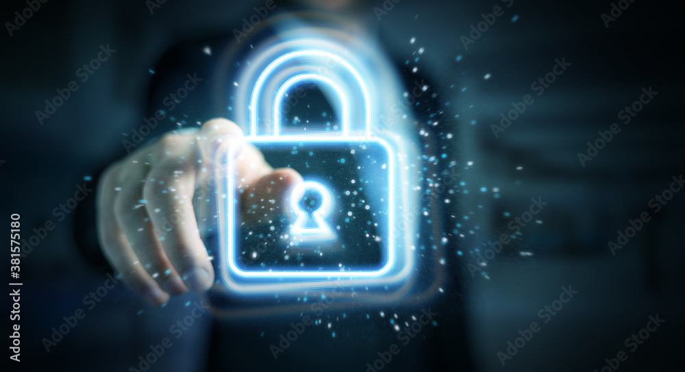 Poster Man using digital web protection blue holographic interface 3D rendering