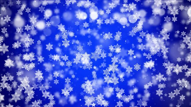 Blue Flickering snowflake Particles, random motion of particles. Beatiful relaxing snow Background. Glittering Particles With Bokeh. merry christmas, Holidays, winter, New Year, snowflake, festive.