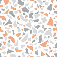 Pastel terrazzo seamless texture. Floor tile, polished color stone pattern. White marble surface. Vector abstract background with chaotic stains.