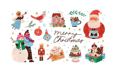 Obraz na płótnie Canvas Celebratory christmas set with decorations, snowman and santa claus. Xmas cute nutcracker, cat, angel, letter, cake and house. Vector flat cartoon illustration of winter holiday elements on white