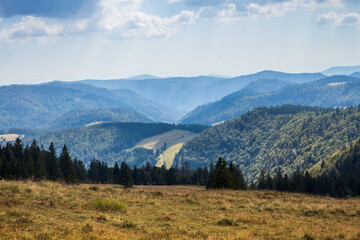 Fototapeta na wymiar Mountains in the distance in the Black Forest of Germany on a summer day. 