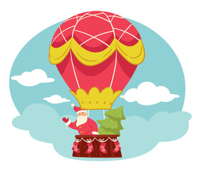 Christmas characters in vintage hot air balloon