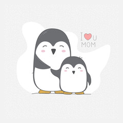 Hand drawn vector card with cute penguins. I love mom. 