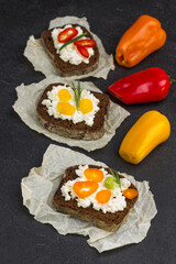 Mix bruschetta with various toppings. Chopped peppers