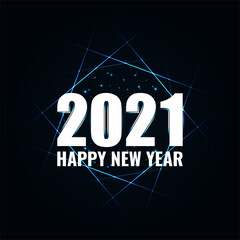 Happy New Year 2021 and Merry Christmas greeting card. White numbers and neon geometric frame on black background with glowing stars light. Vector illustration