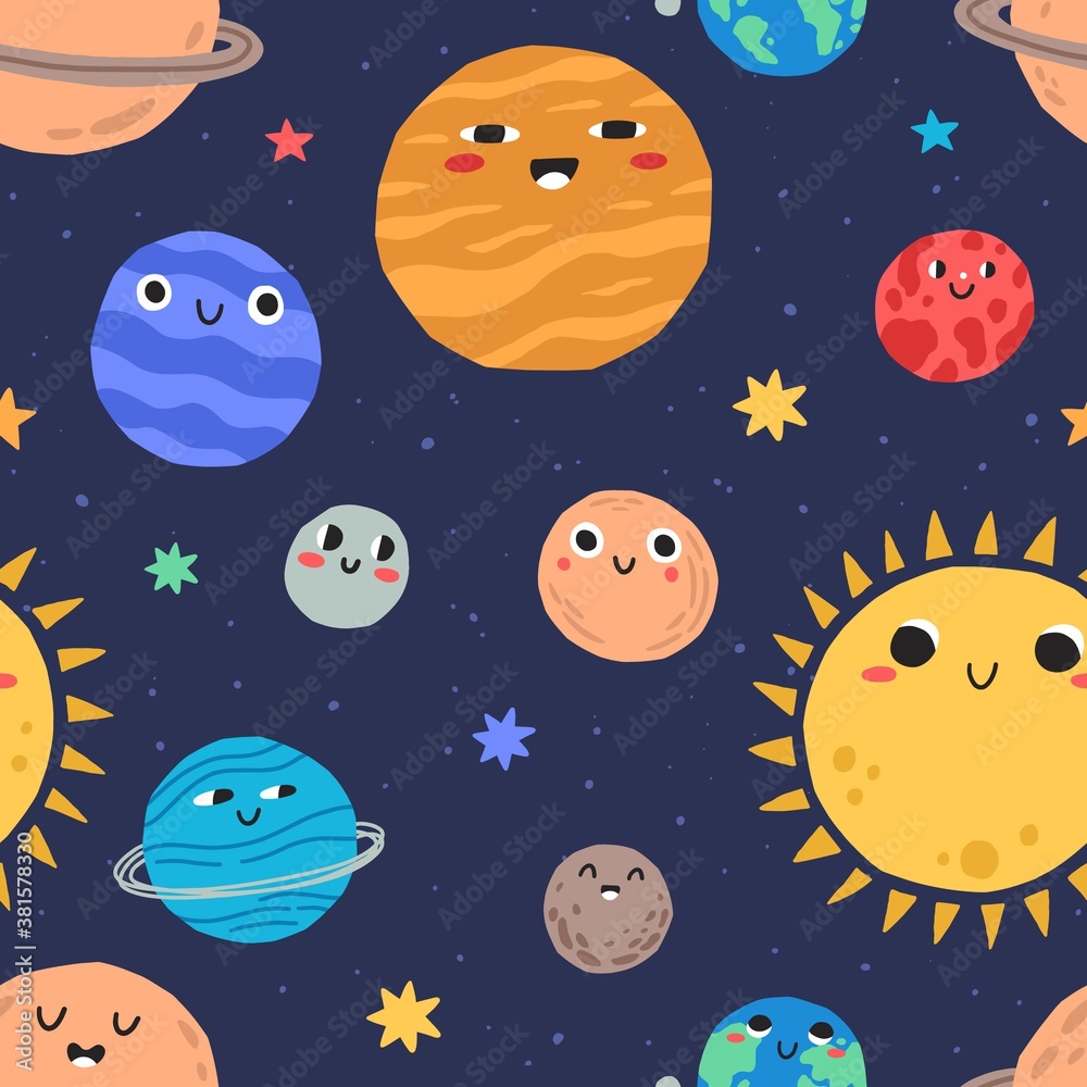 Wall mural cute smiling planets in outer space seamless pattern. repeatable childish background with funny face