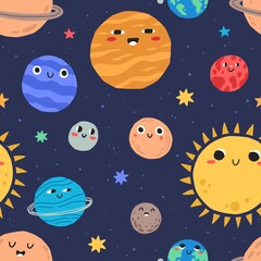 Cute smiling planets in outer space seamless pattern. Repeatable childish background with funny faces of celestial objects. Flat vector cartoon illustration of solar system
