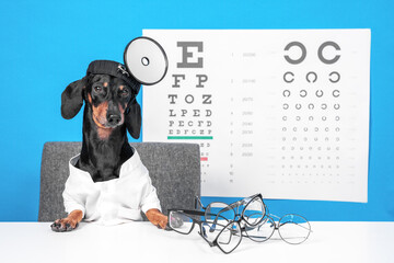 Funny dachshund dog ophthalmologist in doctors costume with glasses for vision correction, professional equipment on the desktop, poster with letters for eye chart test on background.