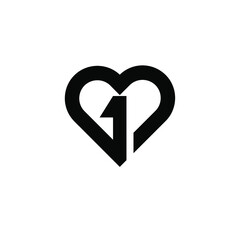 ONE heart letter logo black vector icon design isolated white background