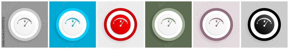 Poster fuel gauge, car petrol dashboard icon set, colorful flat design vector illustrations in 6 options fo