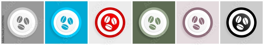 Poster coffee beans, cafe icon set, colorful flat design vector illustrations in 6 options for web design a