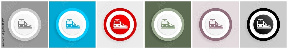 Poster train, railway, transportation icon set, colorful flat design vector illustrations in 6 options for 
