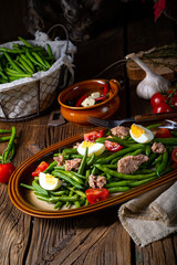 Rustic green bean salad with egg and tuna