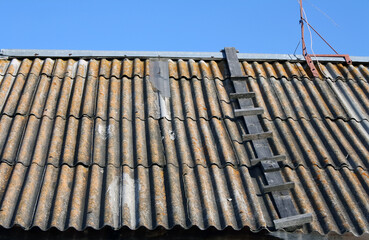 Wooden ladder to move across the roof on the old village roof with a salary.