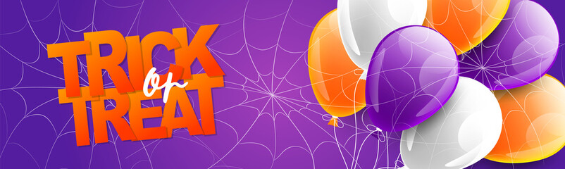 Halloween banner. Trick or treak lettering. Purple, orange, and white balloons. Realistic vector illustration.