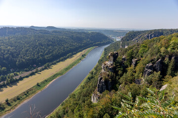 Fototapeta na wymiar View to river Elbe from Bastei rocks in Saxony Switzerland. Germany 
