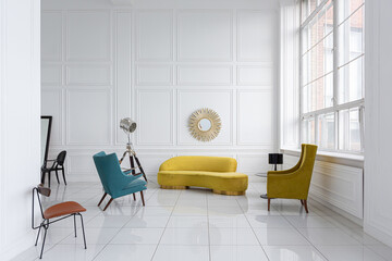 modern fashionable futuristic interior design of a spacious white hall with black and yellow furniture