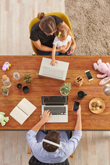 Family working from home and playing baby style, up concept.