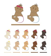 Vector illustration of a baby in diapers sitting backwards. Set of toddler cliparts with different skin, eye and hair colors