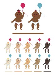 Vector set of standing babies in diapers and holding a balloon in their hand. Simple flat cliparts of toddler boys and girls with different skin, eye and hair color