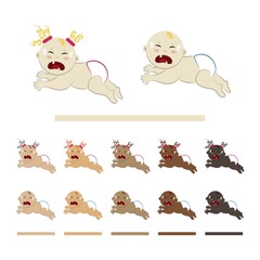 Curly baby crying lying on his stomach. Set of vector characters of sad boys and girls in diapers with different hair, eyes and skin colors