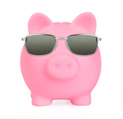 Pink piggy bank in a sunglasses front view isolated on white