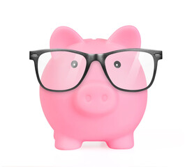 Pink piggy bank in a glasses isolated. Bank employee concept