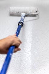 painter paints a wall fresh with white paint and paint roller