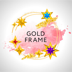 Abstract frame vector celebration background with pink watercolor golden stars and place for text.