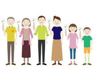 Fototapeta premium Illustration of a three generation family (grandfather, grandmother, father, mother, girl, boy set) with correct sign