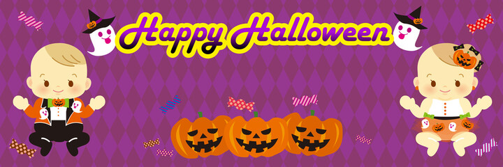 ハロウィン　背景　バナー素材　パープル　イラスト＿07