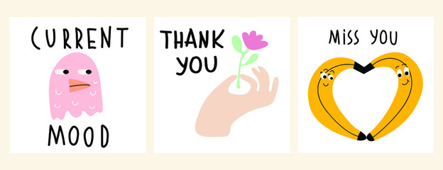 Vector set. Cute cards with different emotions and moods. All elements are isolated. Flat design. Cartoon style.