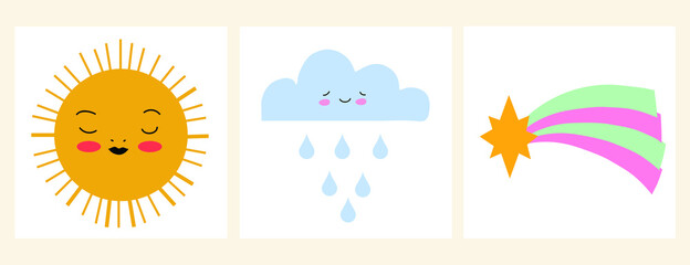 Vector set. Cute cards with different emotions and moods. All elements are isolated. Flat design. Cartoon style.