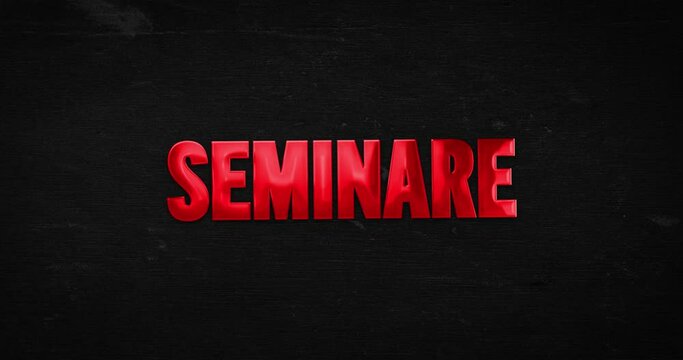 Seminare. Logo Intro. Gl&auml;nzendes Wort (rot) auf Hintergrund Schwarz. Promotion Text.