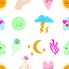 Seamless pattern and hand drawn texture. Different options for icons with emotions and moods. Vector flat illustration. Transparent background.