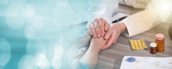 Doctor holding patient hand; panoramic banner